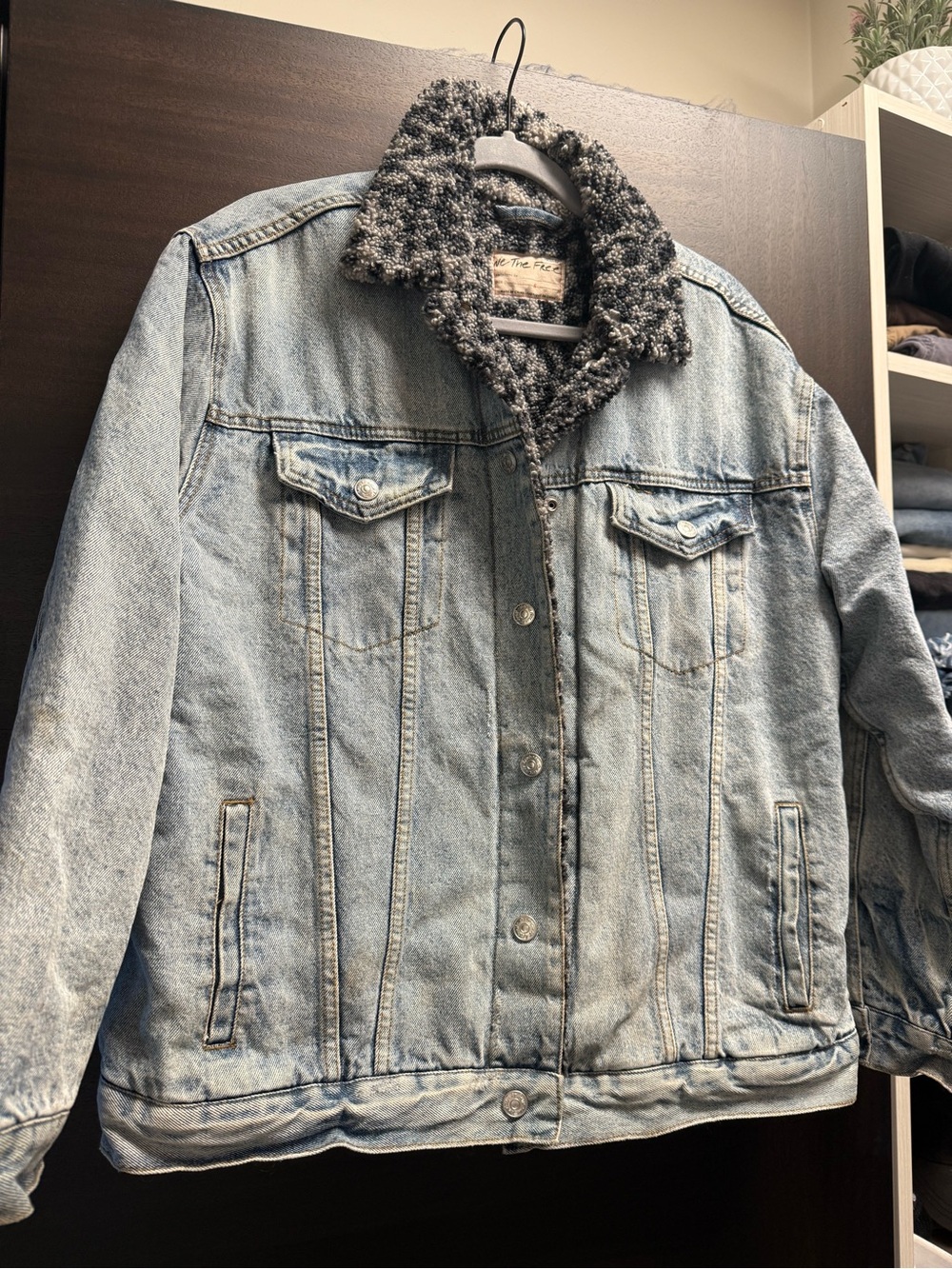 We The Free Light Blue Denim Jacket with Charcoal Cheetah print Sherpa Collar